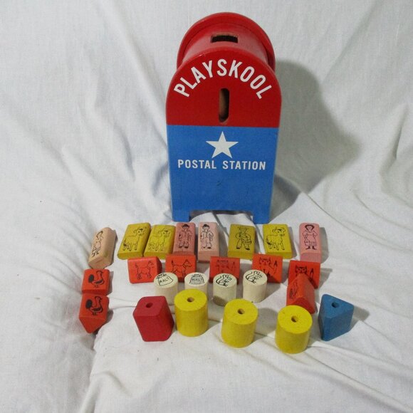 Vintage PLAYSKOOL U.S. MAIL POSTAL STATION Set Blocks Mailbox Toy Toddler Presch - Picture 1 of 6